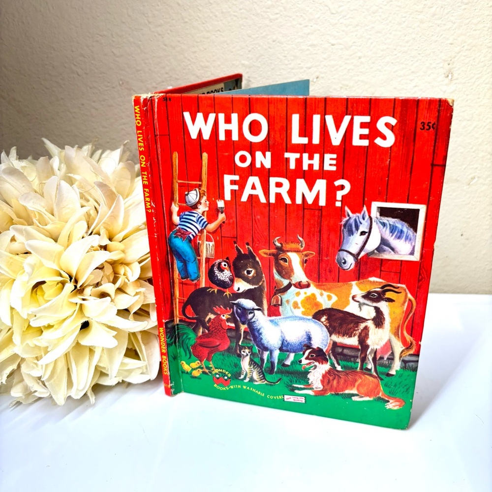 WHO LIVES ON THE FARM? vtg Wonder Books 1949 Mary Elting